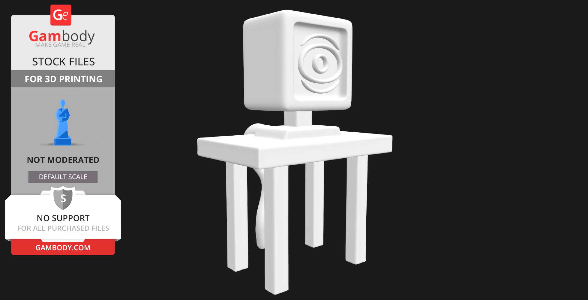 A stylized, minimalist 3D model of a computer with an eye on the screen, standing on a four-legged table.