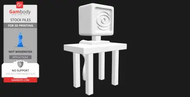 A stylized, minimalist 3D model of a computer with an eye on the screen, standing on a four-legged table.