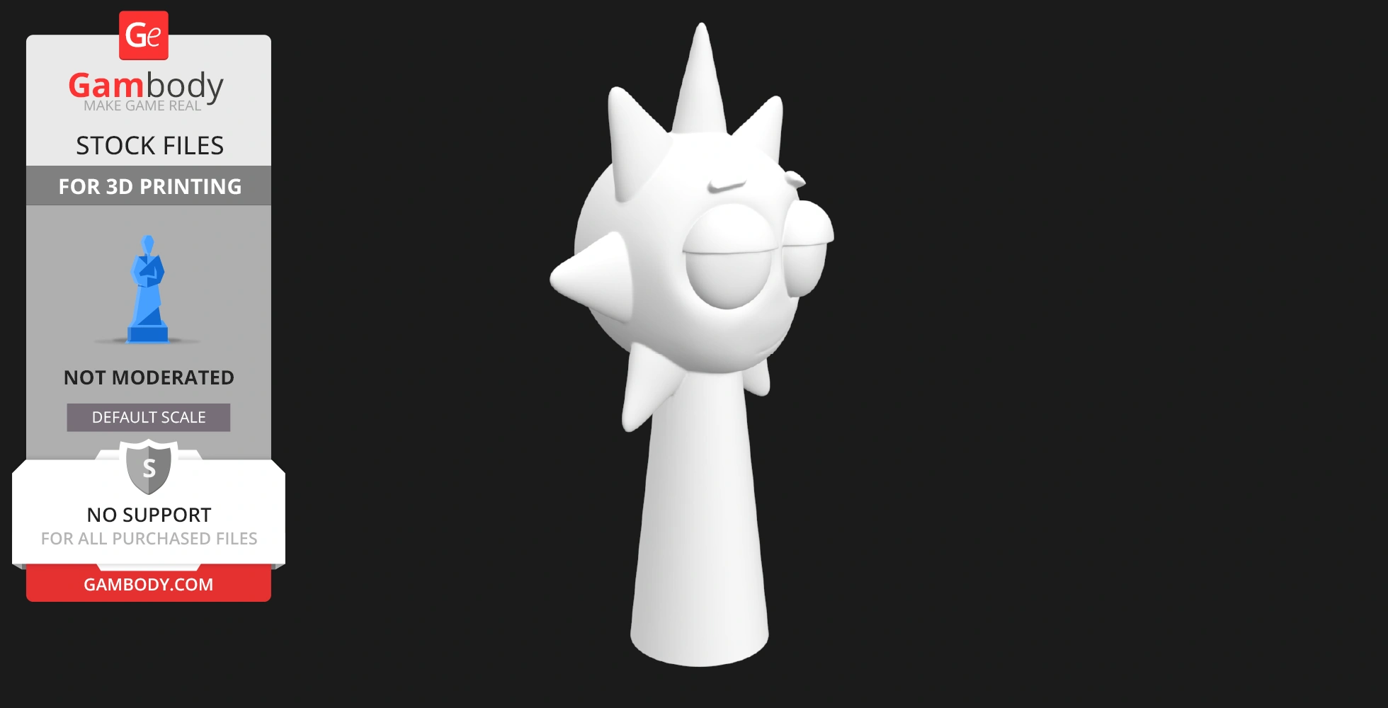 A stylized 3D model of a character with a sun-like head, large glasses, and a conical body.