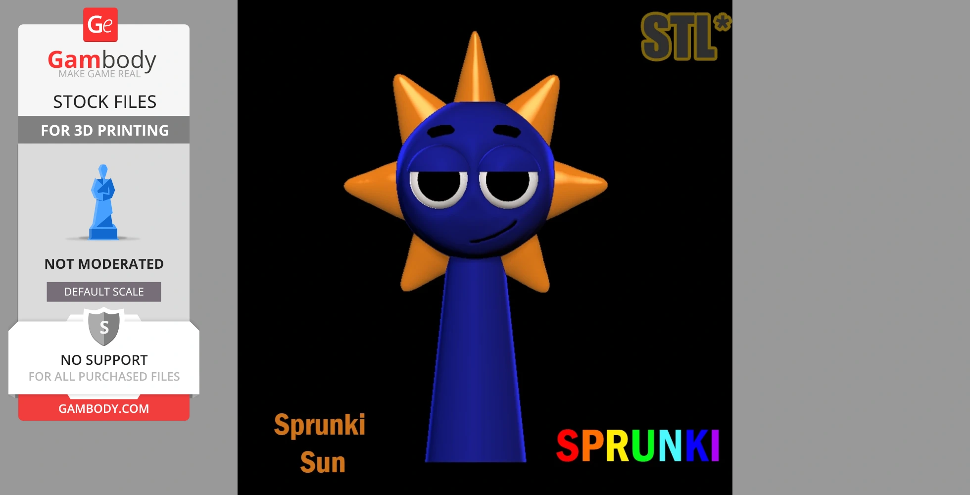 A 3D model of a blue figure with a sun-like orange spiky head and sleepy expression, for 3D printing.