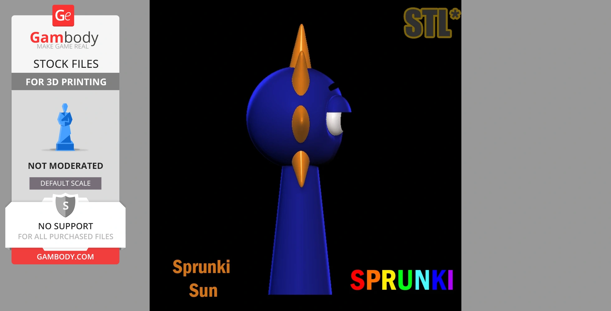 A stylized blue character with orange spikes and large white eyes, designed for 3D printing.