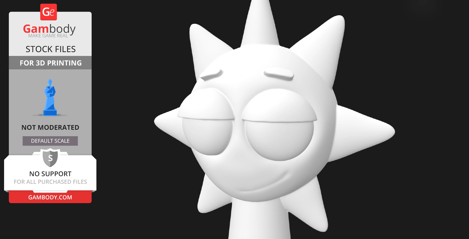 A smiling 3D model of a sun-like character with closed eyes and spiky rays, designed for 3D printing.