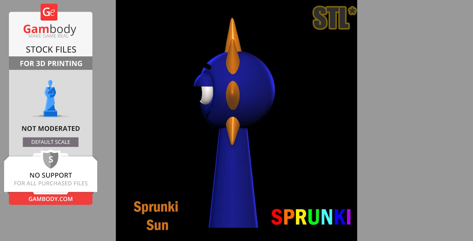 A blue cartoon character with orange spikes and large eyes, side view.
