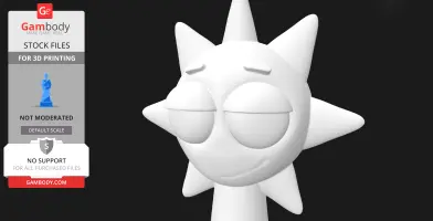 A smiling 3D model of a sun-like character with closed eyes and spiky rays, designed for 3D printing.