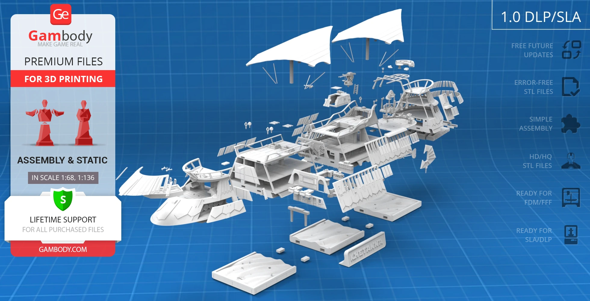 Exploded view of Khetanna Sail Barge 3D model on a blue grid background for 3D printing assembly.