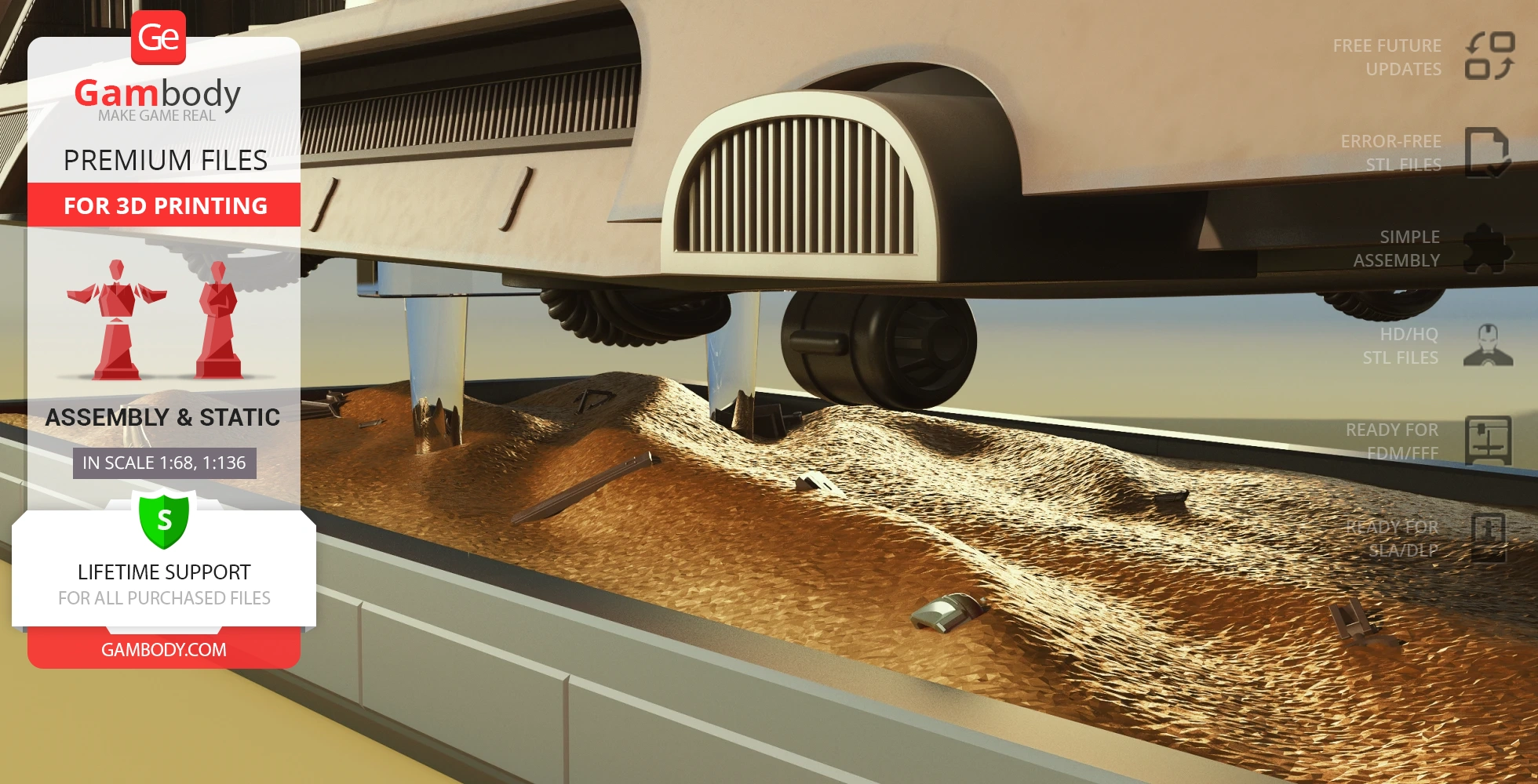 A detailed 3D model of Khetanna Sail Barge hovering over a textured desert landscape, ready for printing.