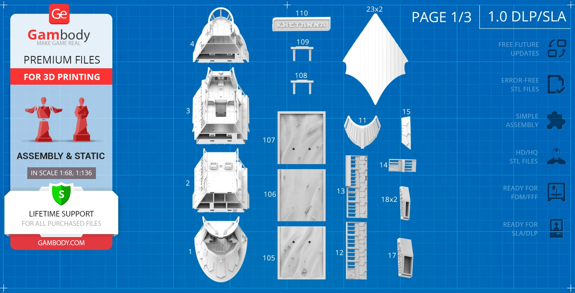 Blueprint of Khetanna Sail Barge model parts for 3D printing, displayed on a grid layout.