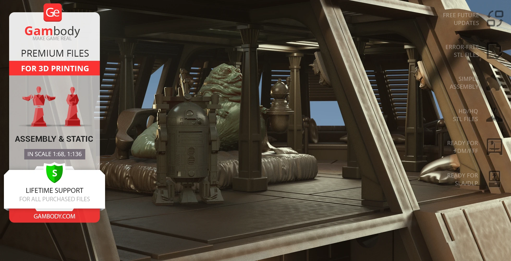 Interior of a 3D-printed sci-fi barge featuring a large creature and a cylindrical robot.