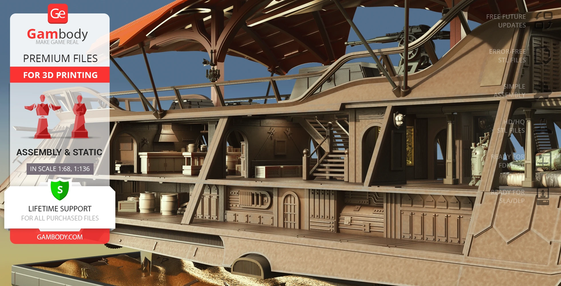 A detailed 3D model of a multi-level sail barge with intricate interior and exterior features for printing.