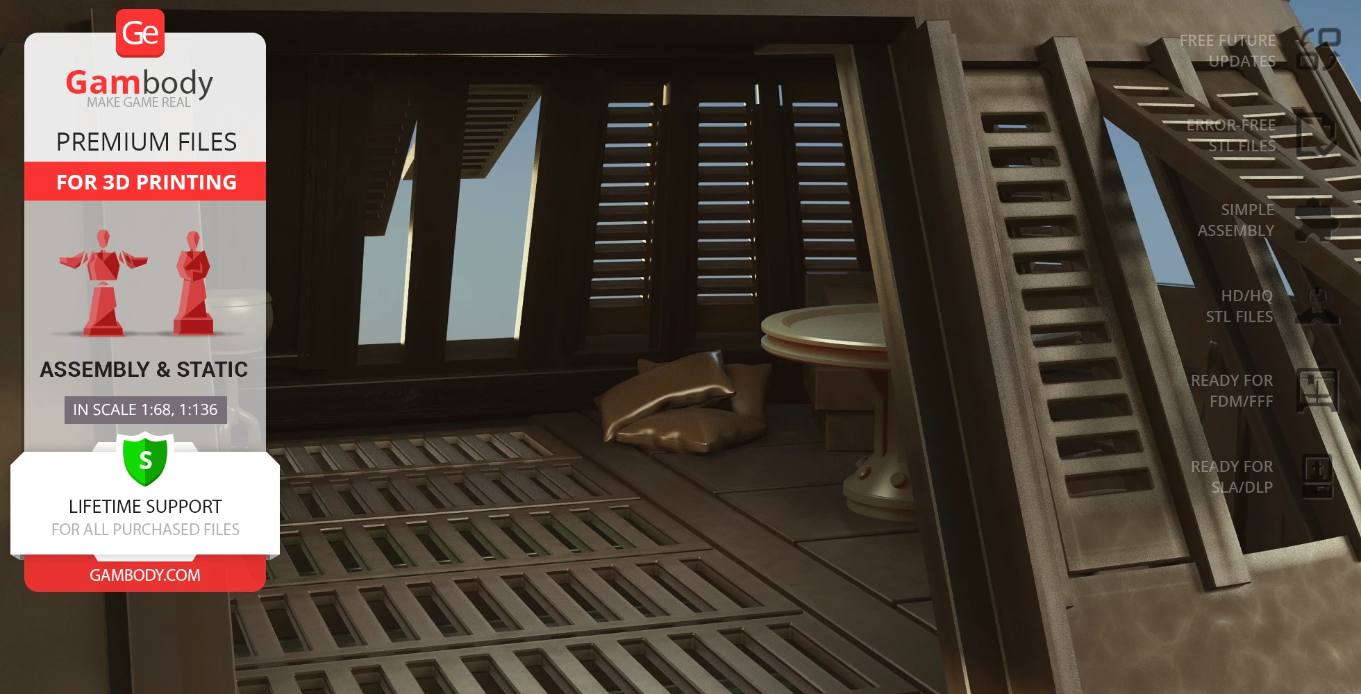 Interior view of a 3D model sail barge with wooden flooring, cushions, and decorative windows.