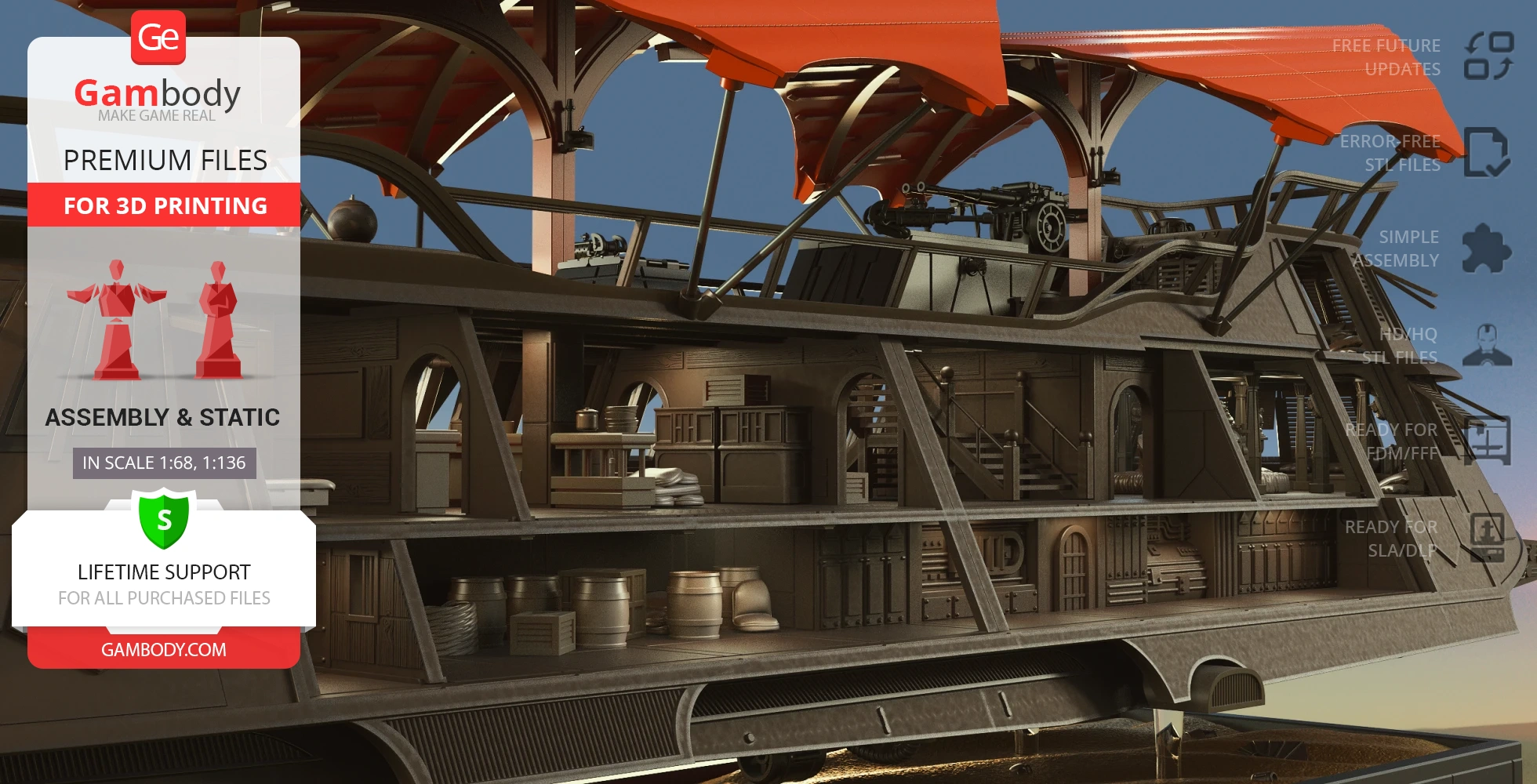 Detailed model of a sci-fi sail barge with intricate interior, designed for 3D printing by Gambody.