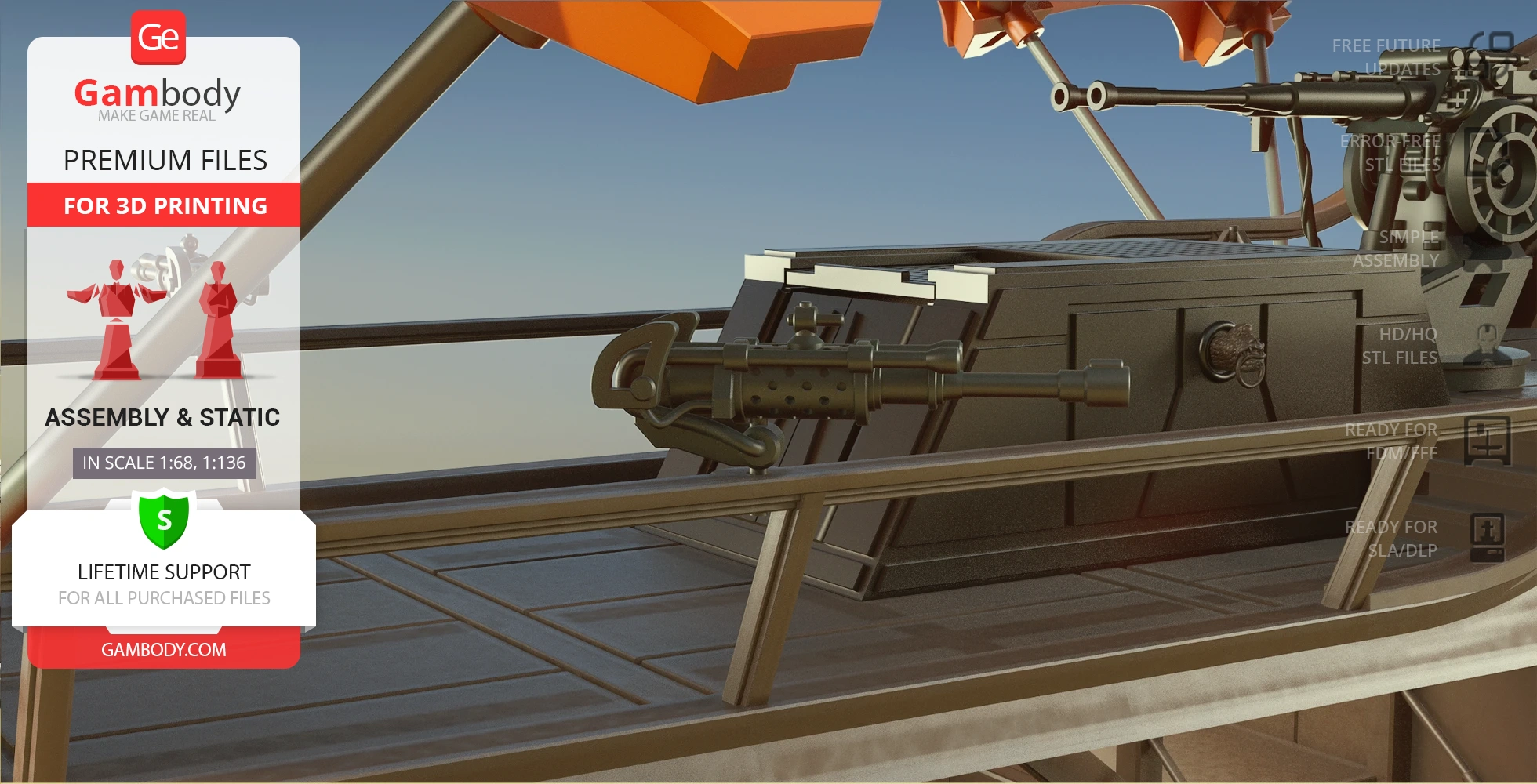 A detailed 3D render of a ship deck with a mounted turret gun for printing.