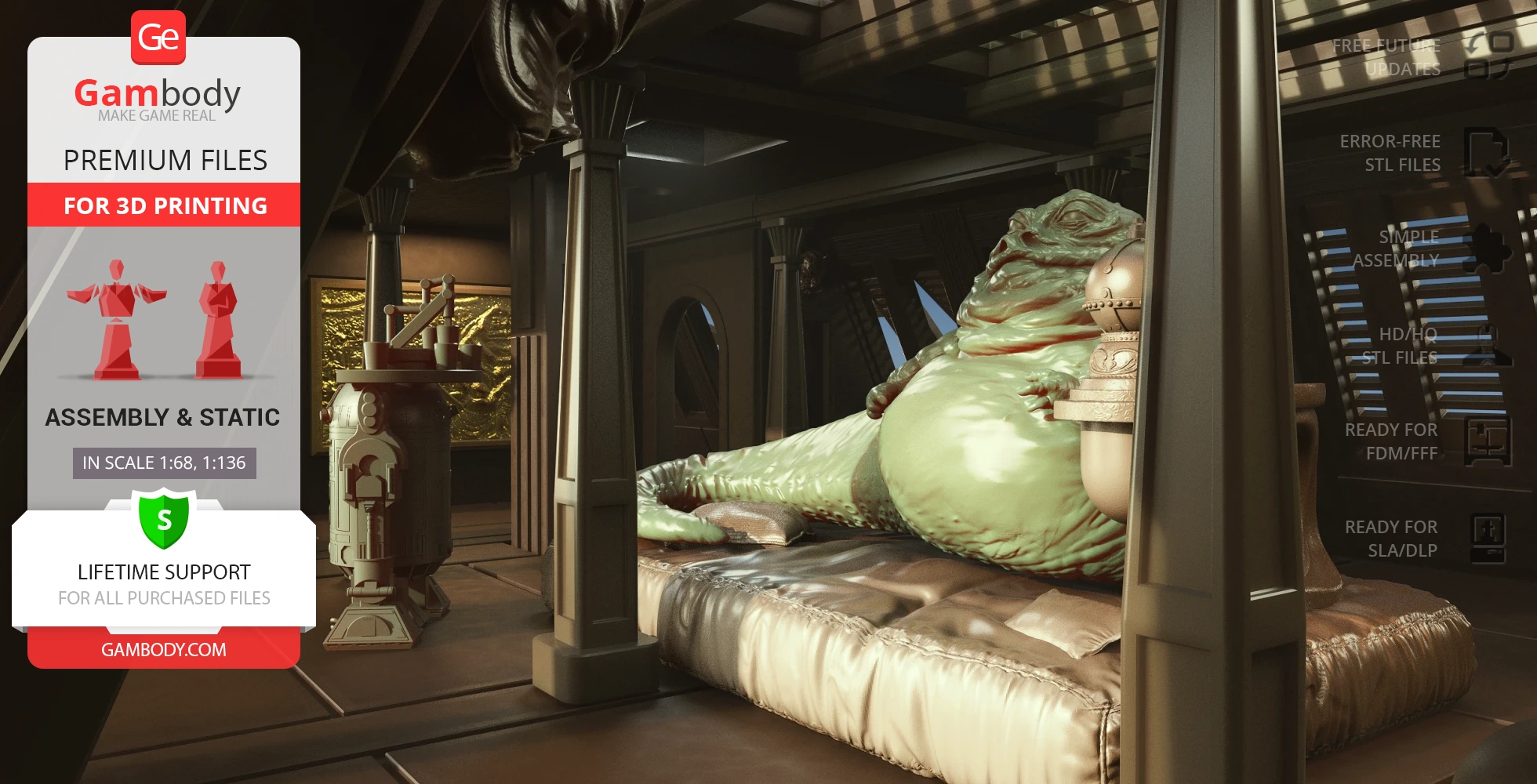 Sci-fi barge interior with alien on platform, surrounded by pillars and control panels.