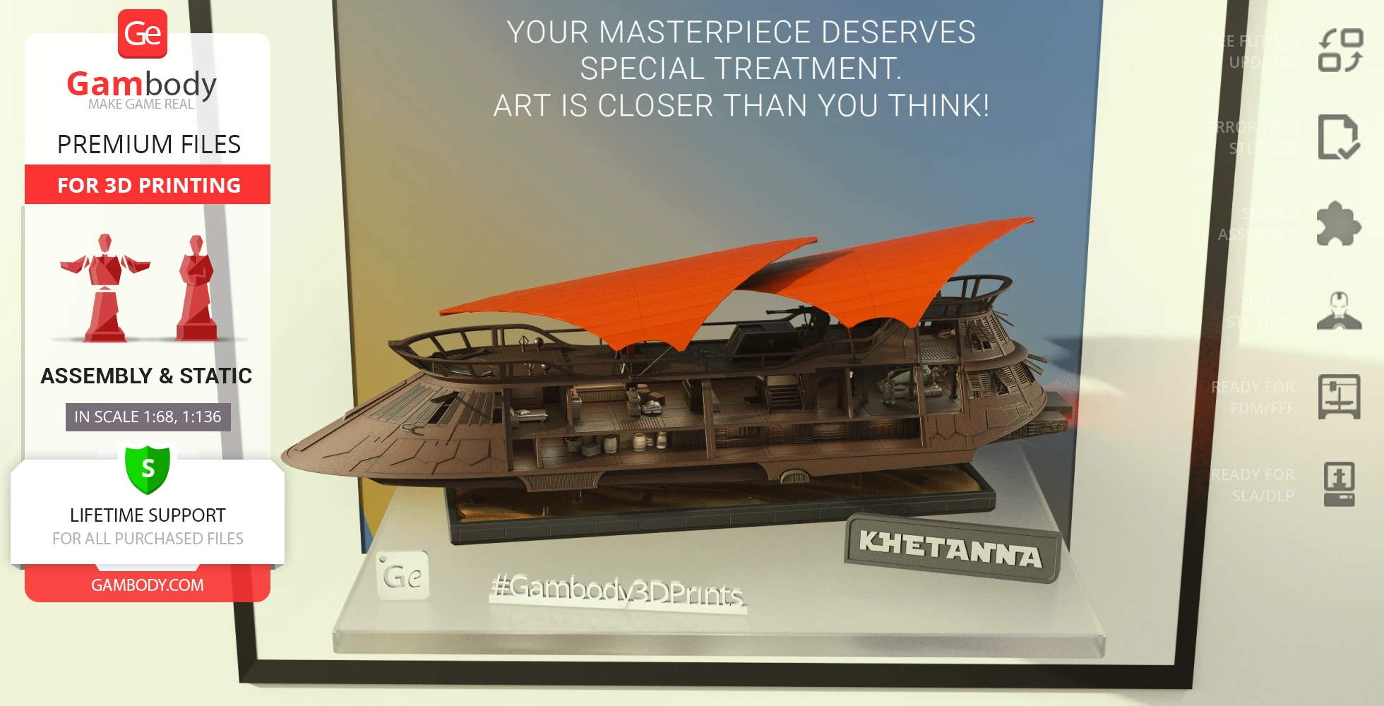 A detailed 3D model of a sail barge with orange sails, featuring an open deck and detailed interior elements.