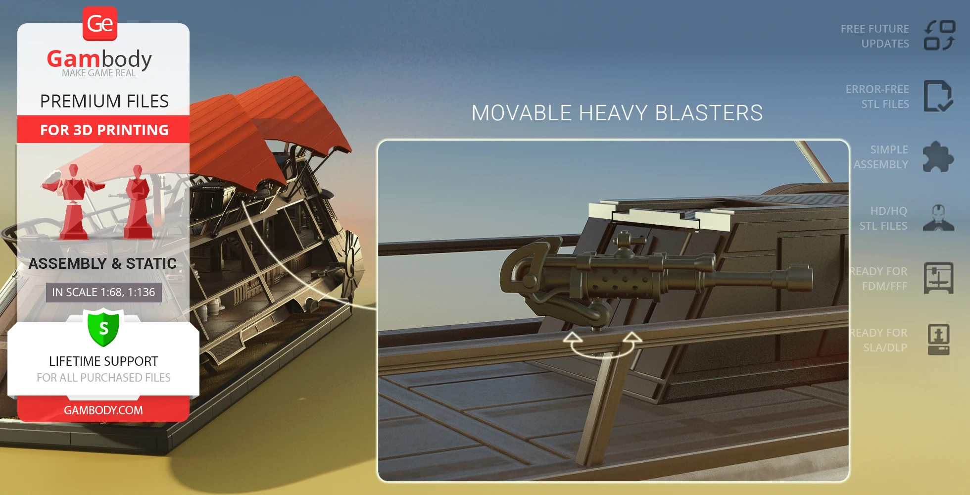 3D model of Khetanna Sail Barge with red sails and a detailed, movable blaster gun for printing by Gambody.