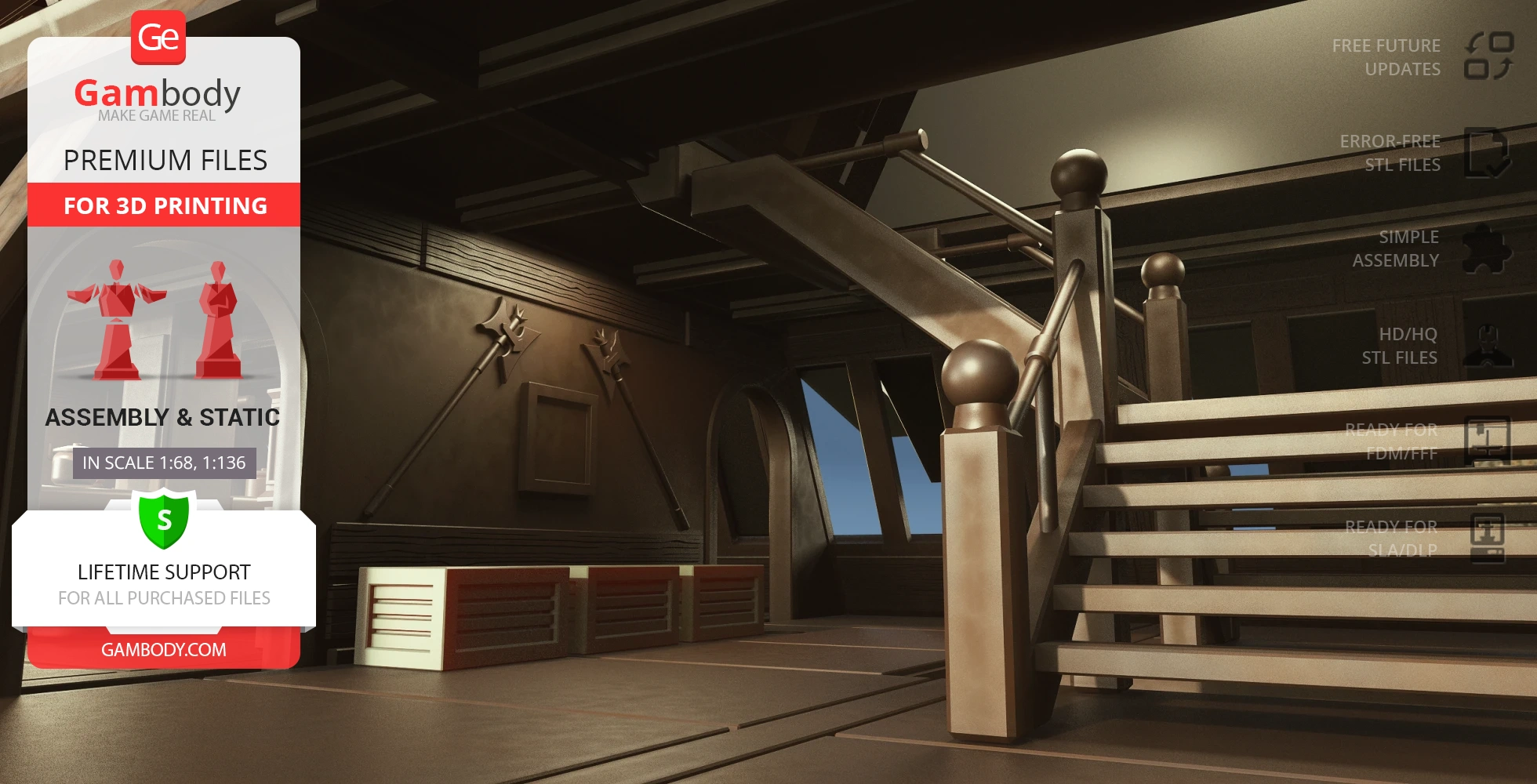 A detailed interior view of the Khetanna Sail Barge 3D model with stairs and sci-fi decor.