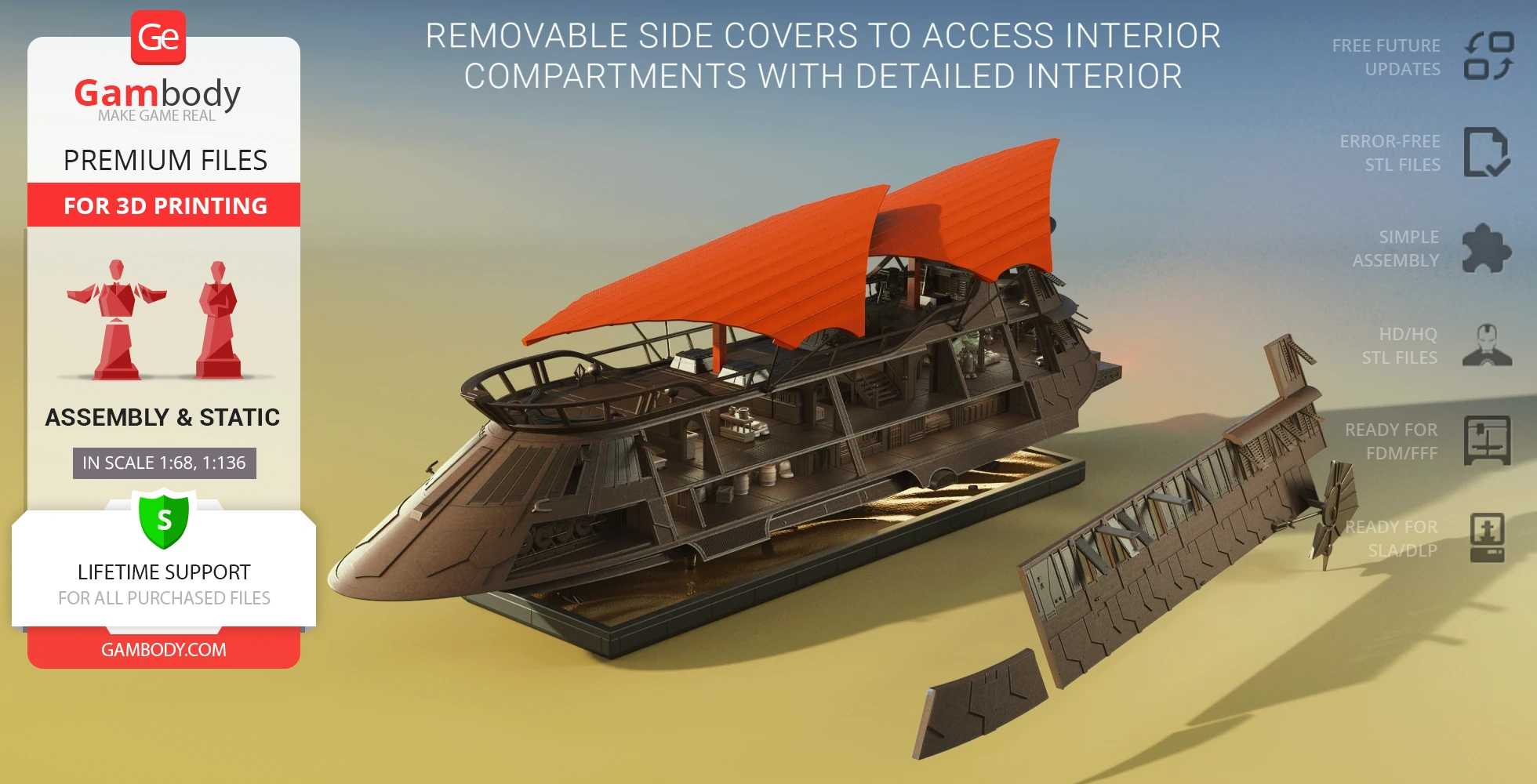 A detailed 3D model of a sail barge with removable side panels for interior access, featuring red sails.