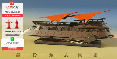 A detailed 3D model of a sci-fi sail barge with orange sails, designed for 3D printing.