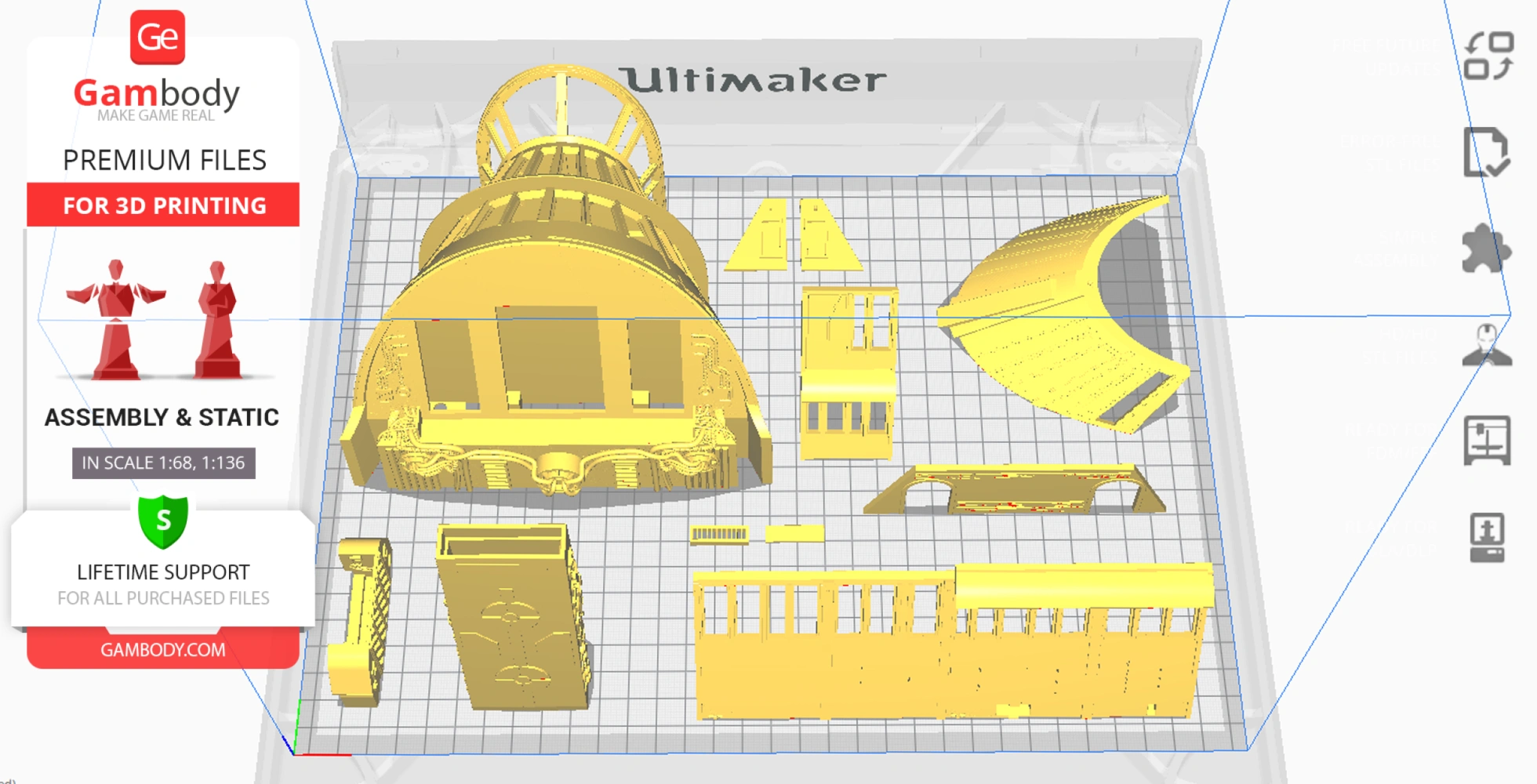 Components of the Khetanna Sail Barge model arranged for 3D printing on a grid platform.