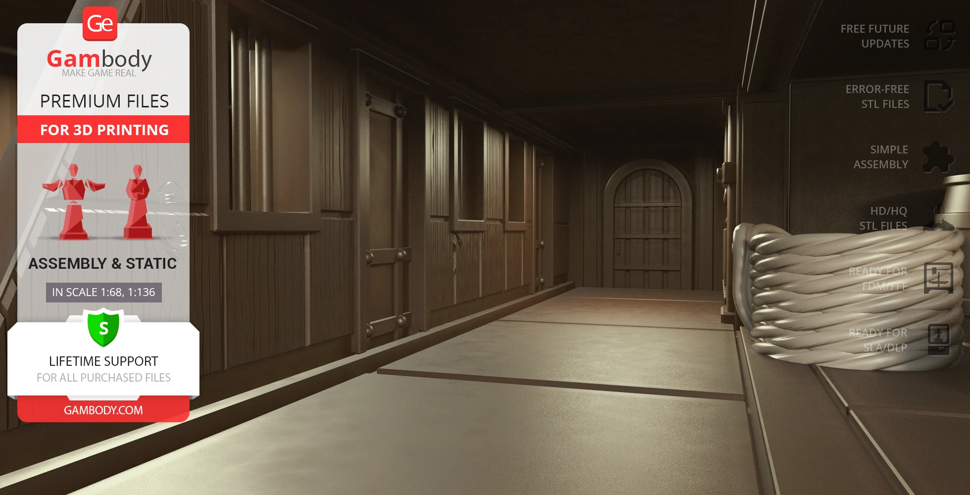 Interior view of a detailed 3D model corridor with wooden panels and a round door, ready for 3D printing.