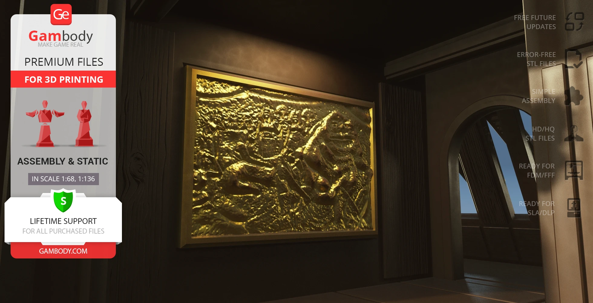 A golden, sculpted relief on a wall, depicting an intricate scene with figures and shapes in a dimly lit room.