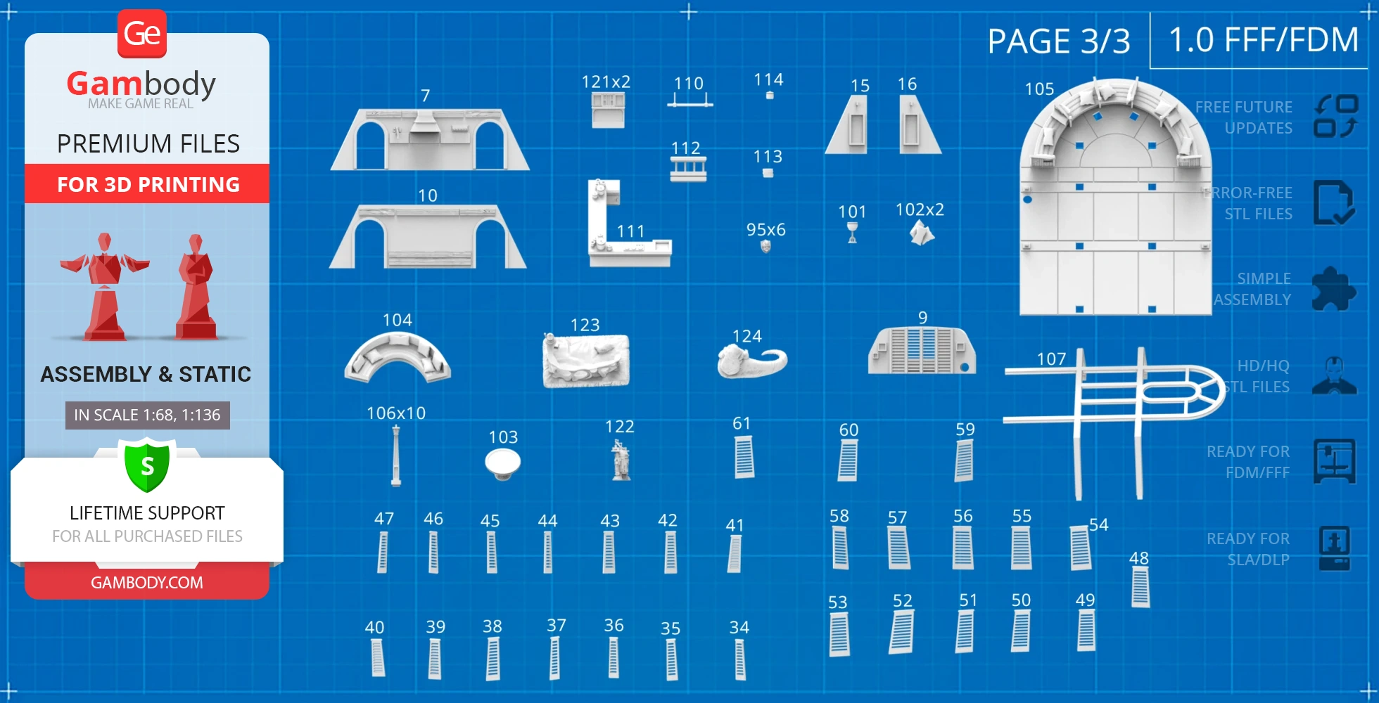 Blueprint of 3D printable Khetanna Sail Barge parts, arranged and numbered for assembly.