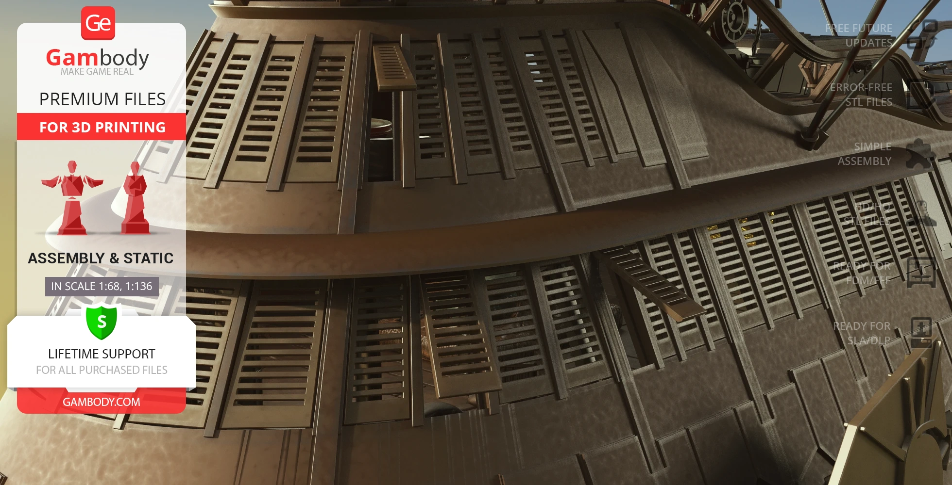 Detailed view of the Khetanna Sail Barge model for 3D printing, featuring vent-like panels and structures.