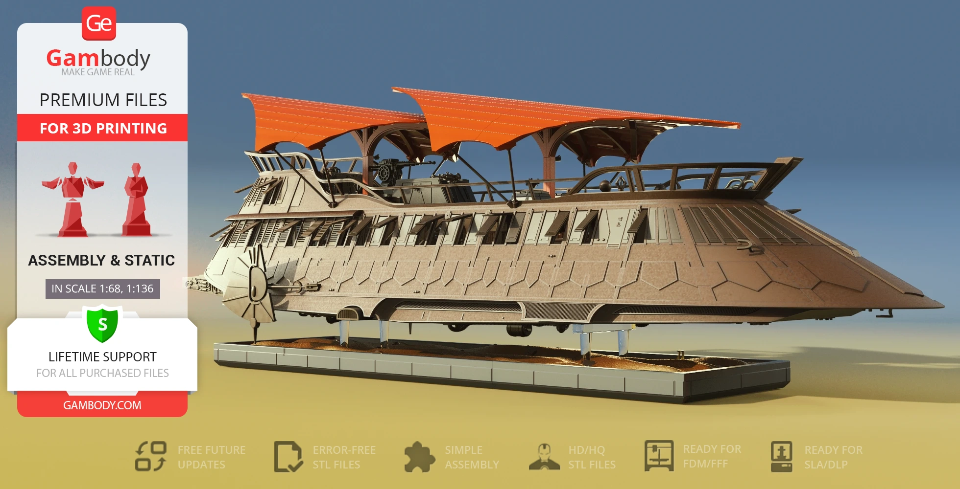 Detailed 3D model of a sci-fi sail barge with orange sails, designed for 3D printing, on a display stand.