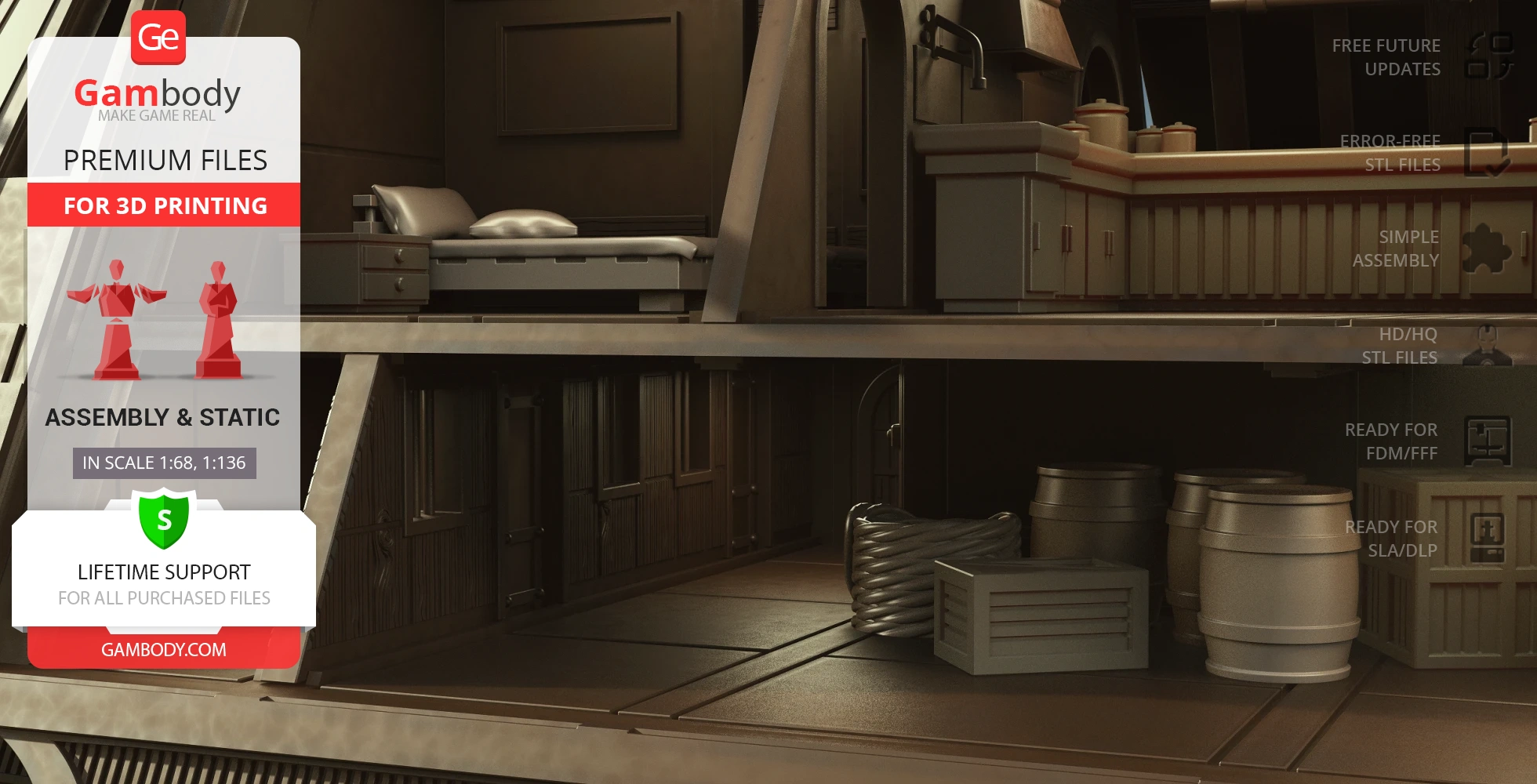 Detailed interior view of the Khetanna Sail Barge for 3D printing, featuring furniture and storage barrels.