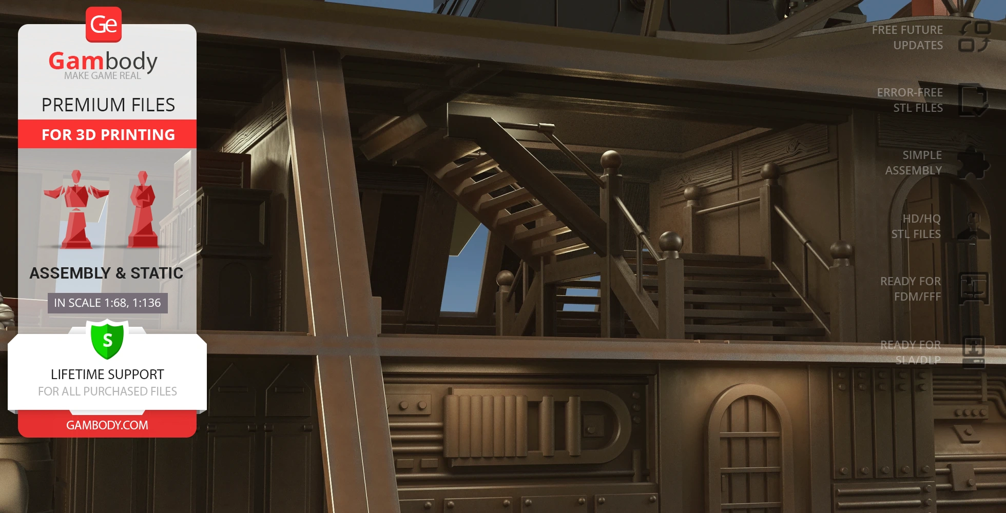 Intricately detailed 3D model of a ship's interior with stairs and railings, designed for 3D printing.