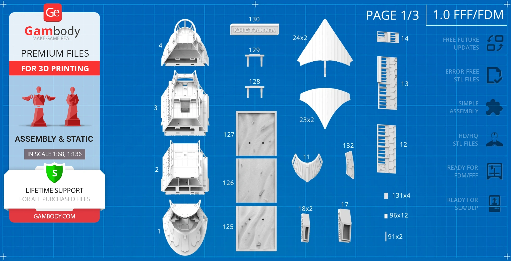 Blueprint layout of Khetanna Sail Barge 3D print parts, labeled with assembly instructions.