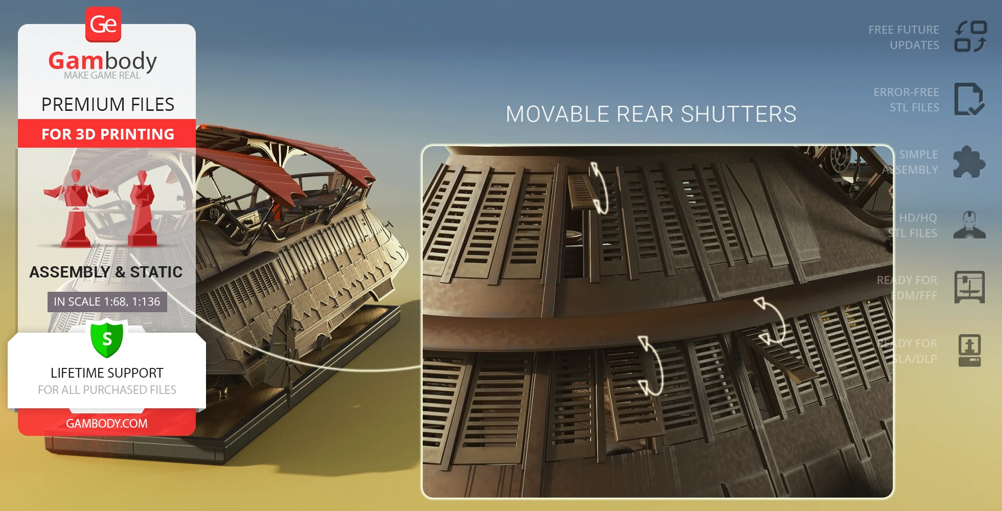 A detailed 3D model of the Khetanna Sail Barge, featuring movable rear shutters for printing.