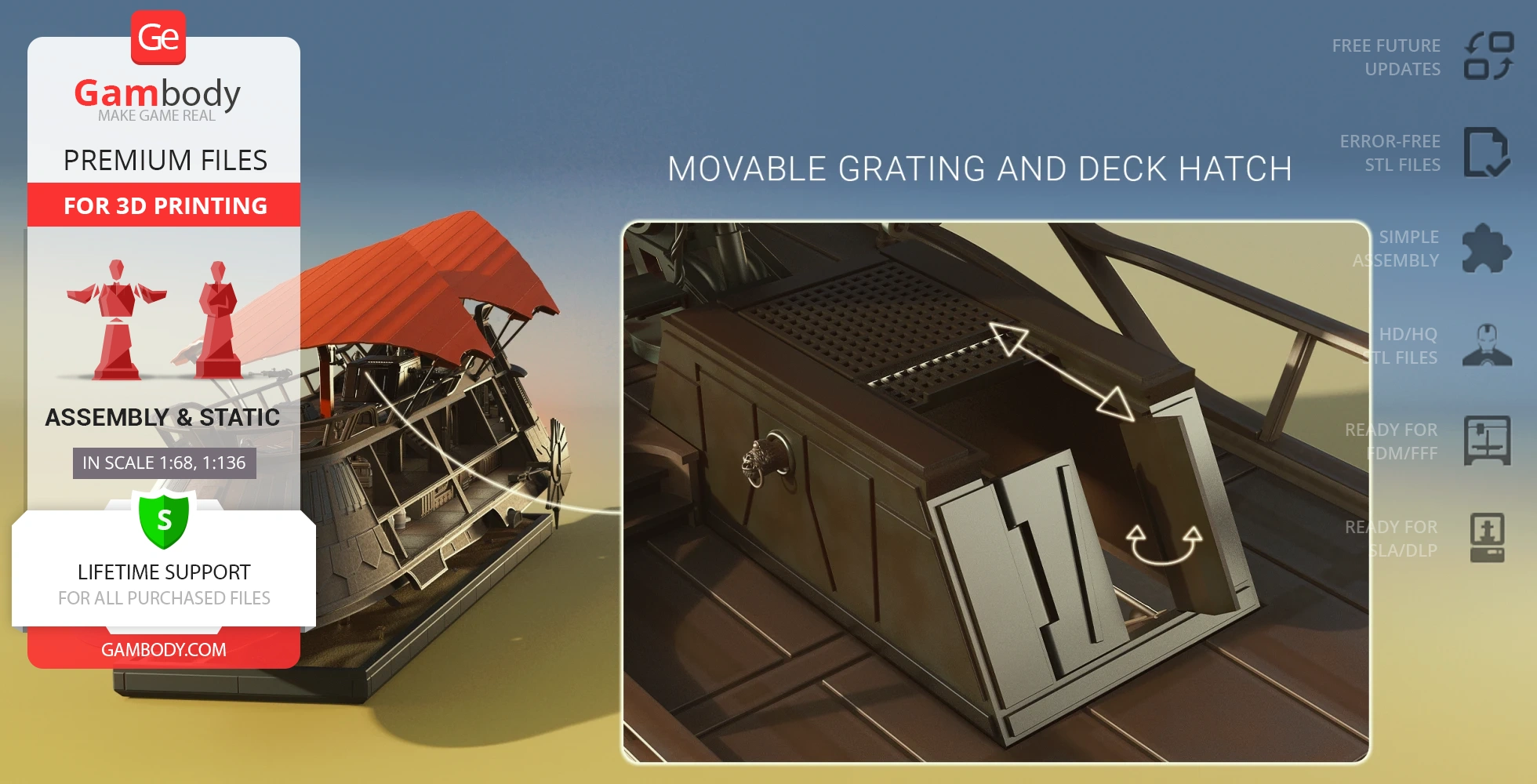 A detailed 3D model of a sail barge with a red canopy, featuring movable grating and deck hatch options.