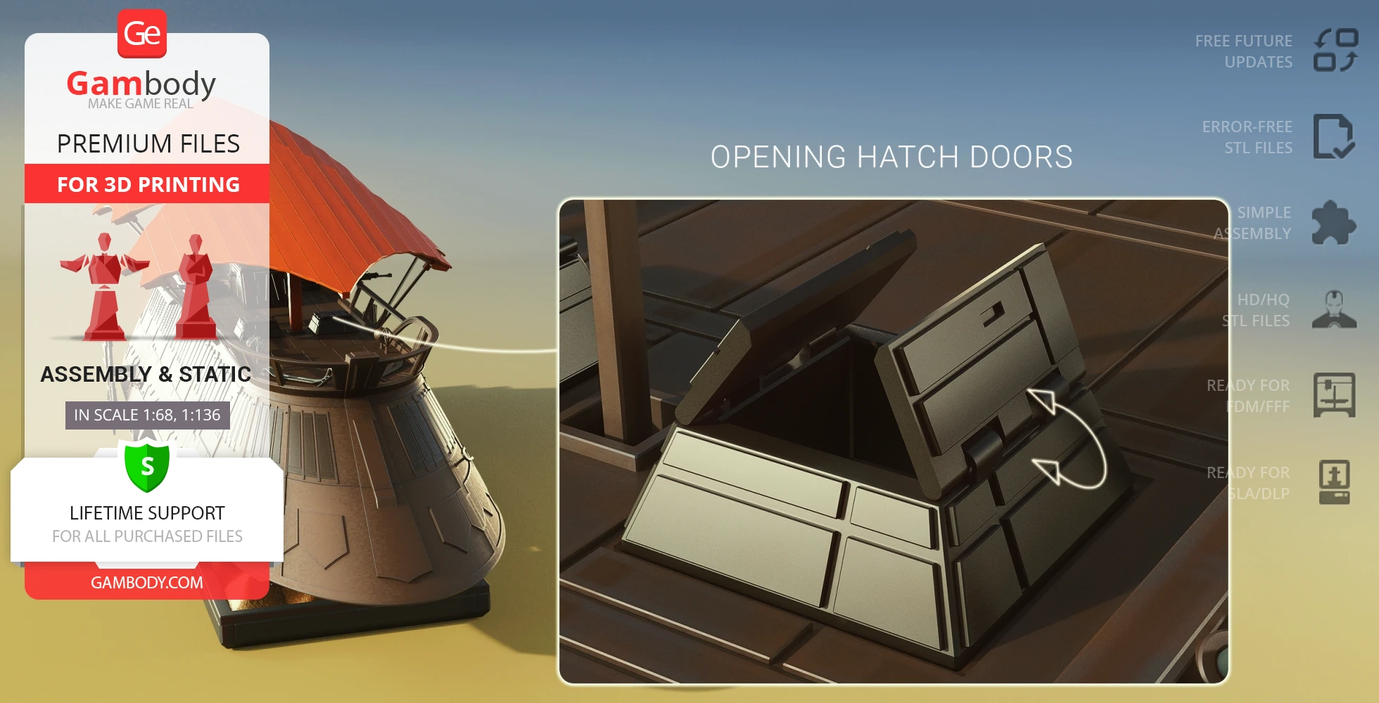3D model of a sci-fi sail barge with detailed hatch doors, designed for 3D printing.