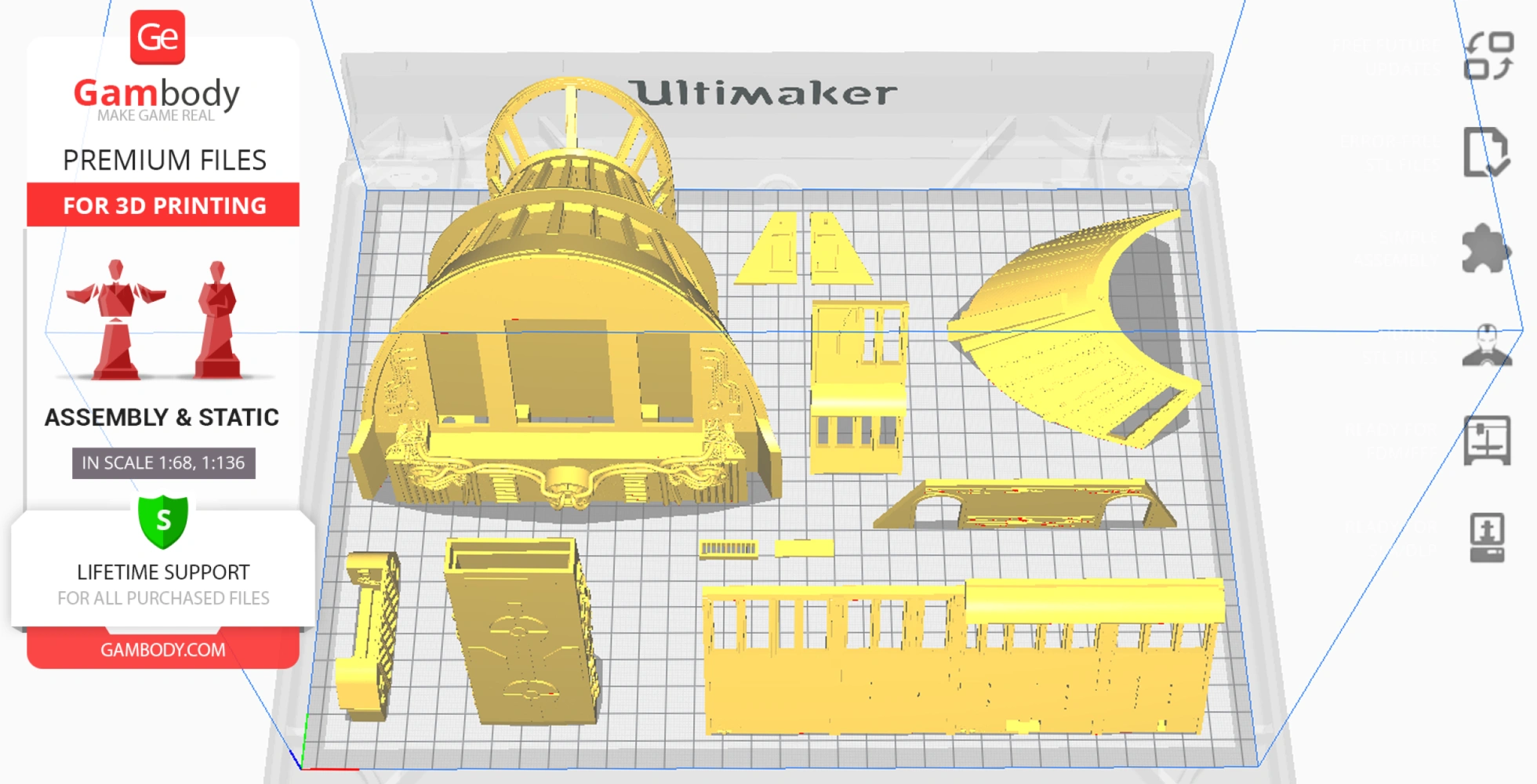 3D printing layout of Khetanna Sail Barge parts, displayed in yellow on grid platform.
