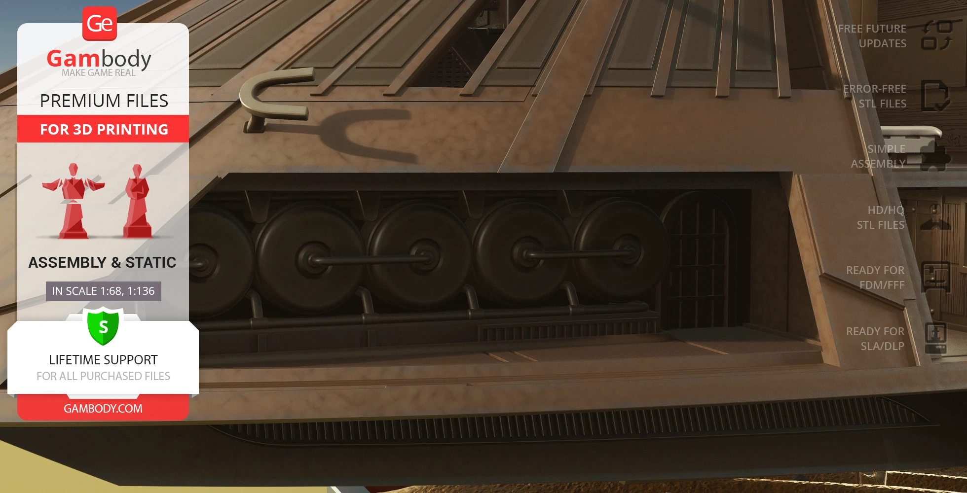 Detailed view of the Khetanna Sail Barge model with wheel details, optimized for 3D printing from Gambody.