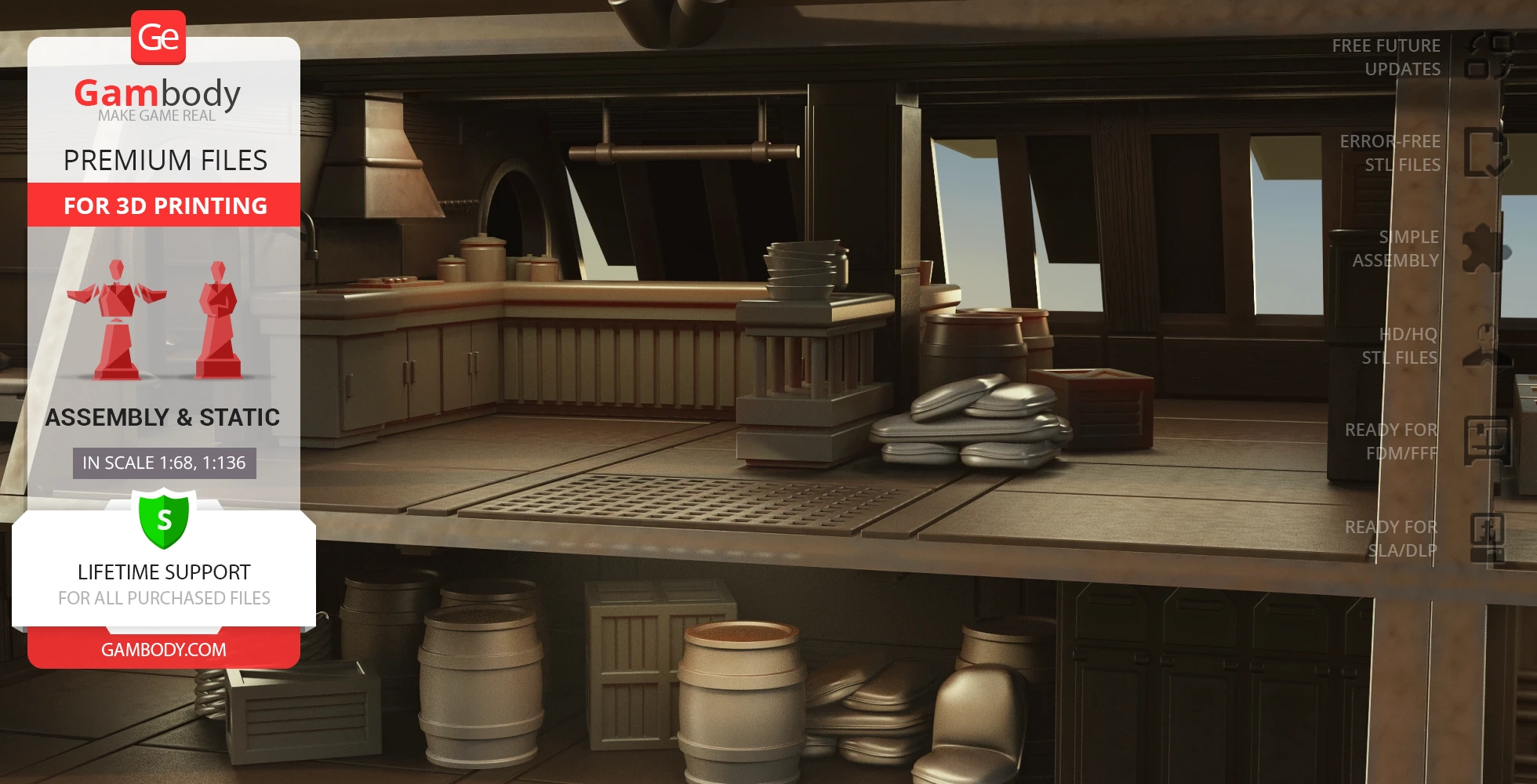 Detailed 3D model of Khetanna Sail Barge's interior with kitchen area and barrels for printing.