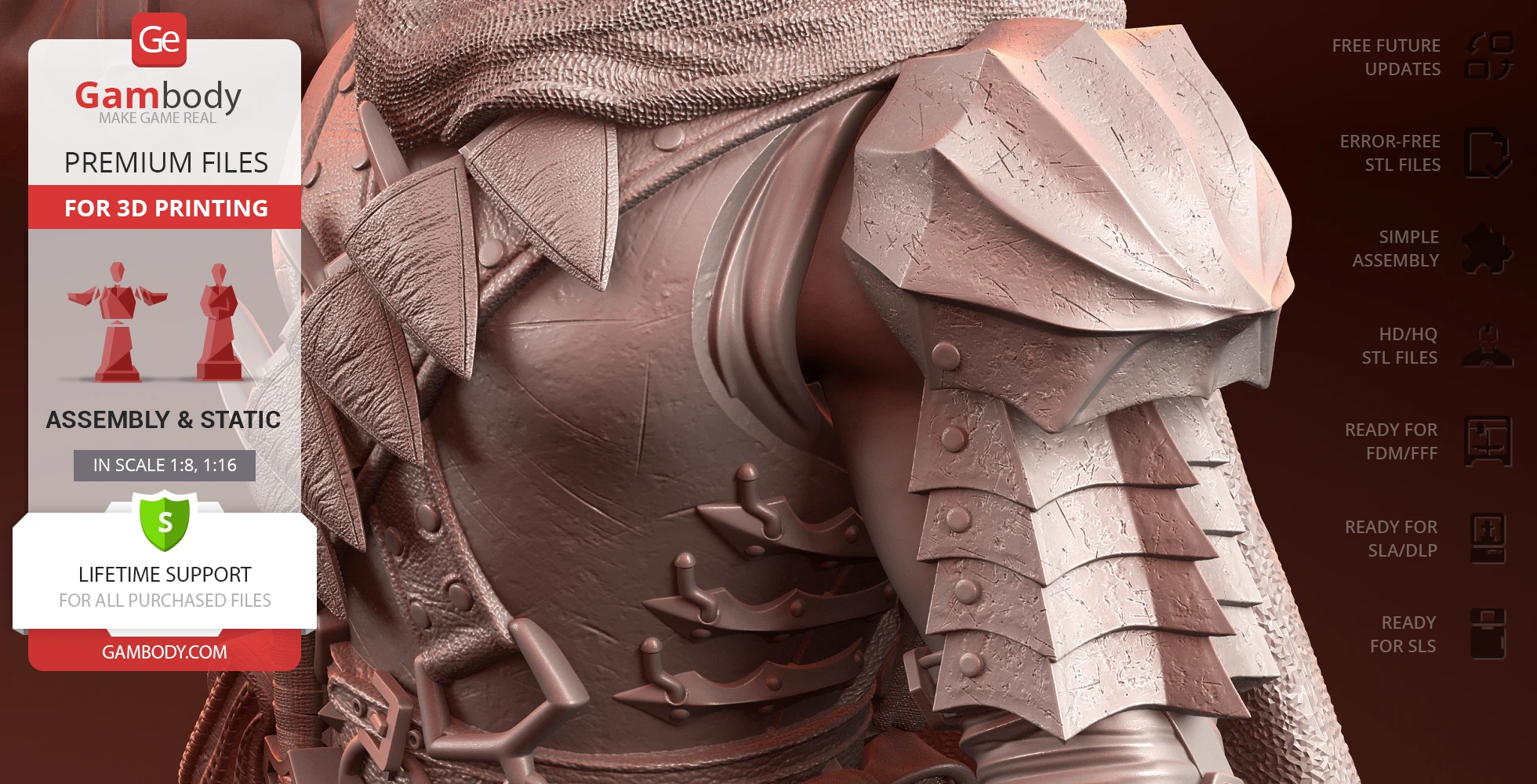3D model of a detailed armored character with a textured cloak and intricate chest armor ready for printing.