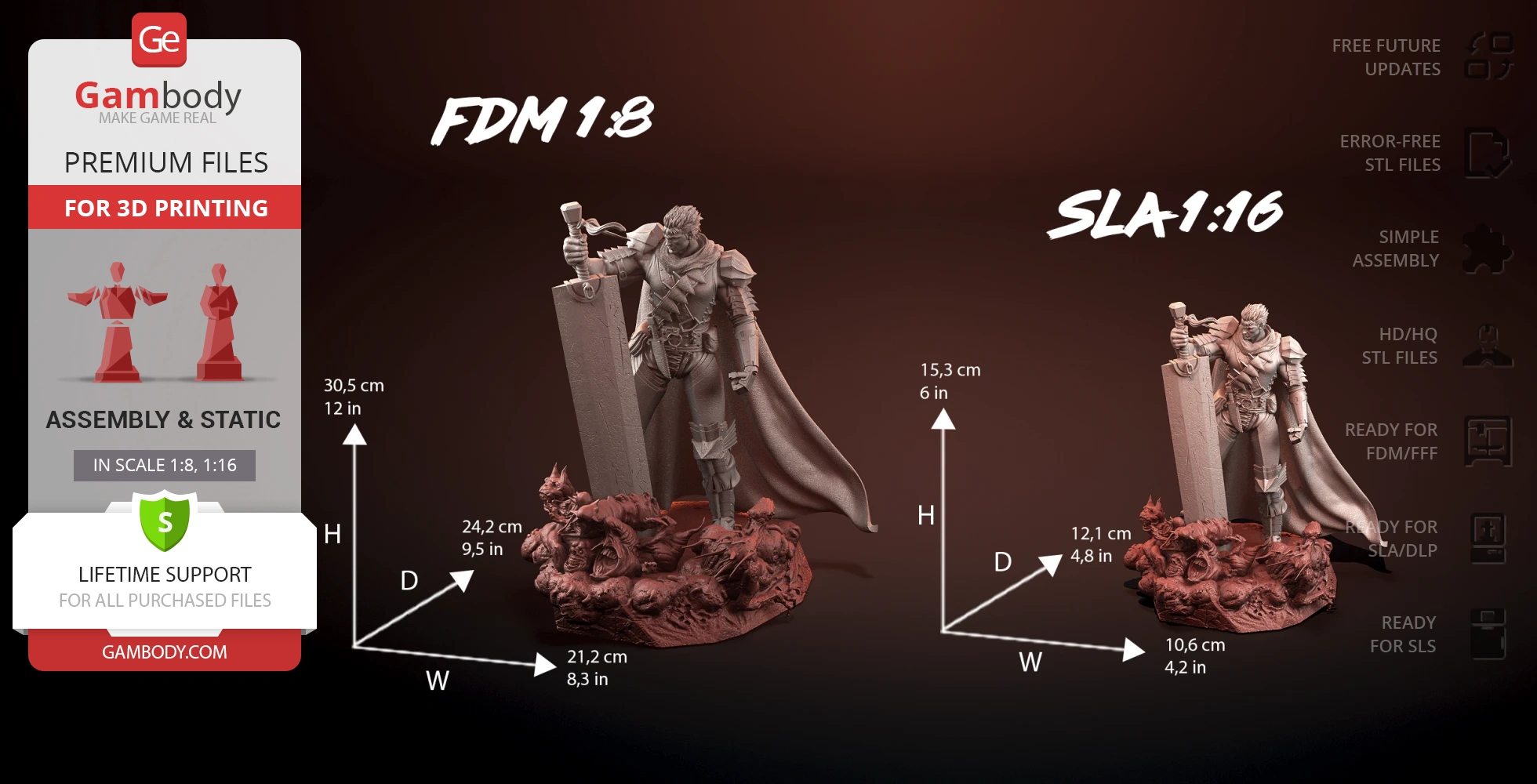 A detailed 3D model of an armored warrior with a large sword and cape, standing on a detailed base.