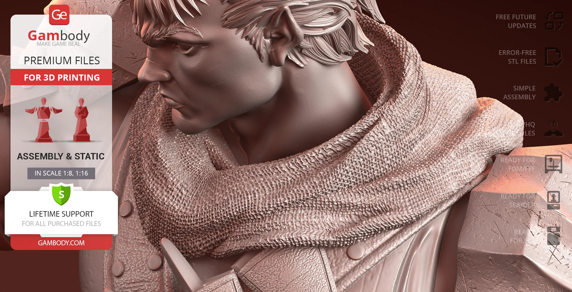 A detailed 3D model of a warrior with a textured cloak and intricate armor design for printing.