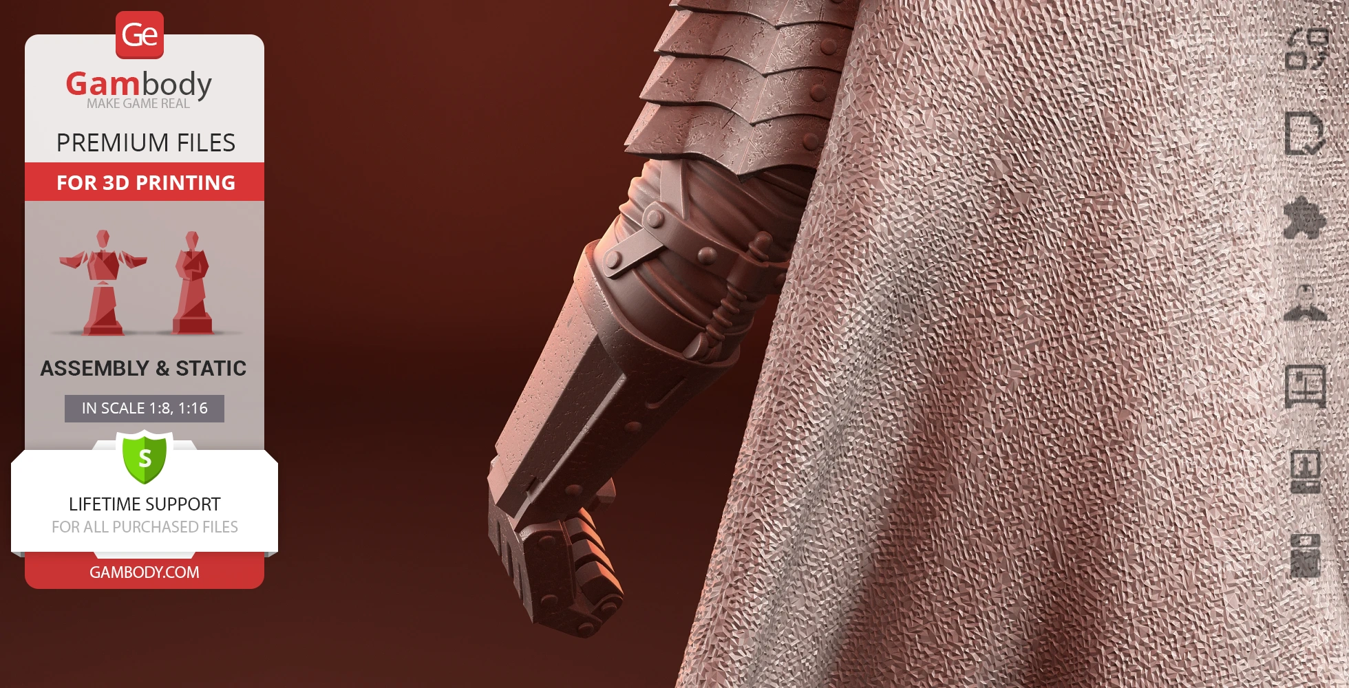A detailed 3D printed armored arm and textured cape, designed for assembly.