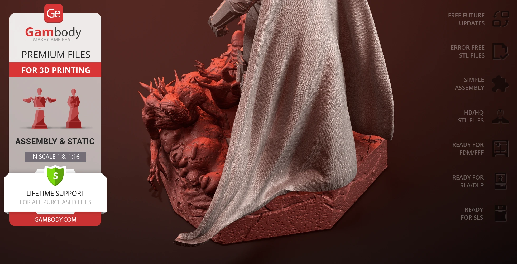 3D model of a swordsman with a cape standing on a rocky, demon-infested base, ready for printing.