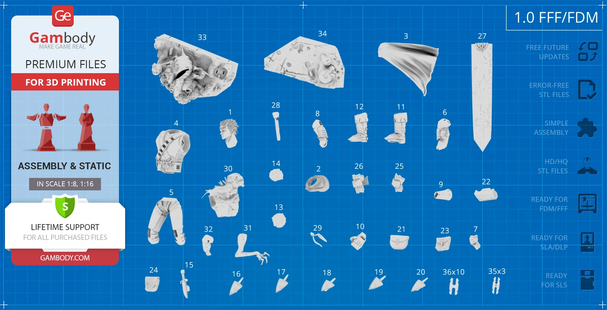 3D printable parts of Black Swordsman Guts model, featuring detailed components for assembly.