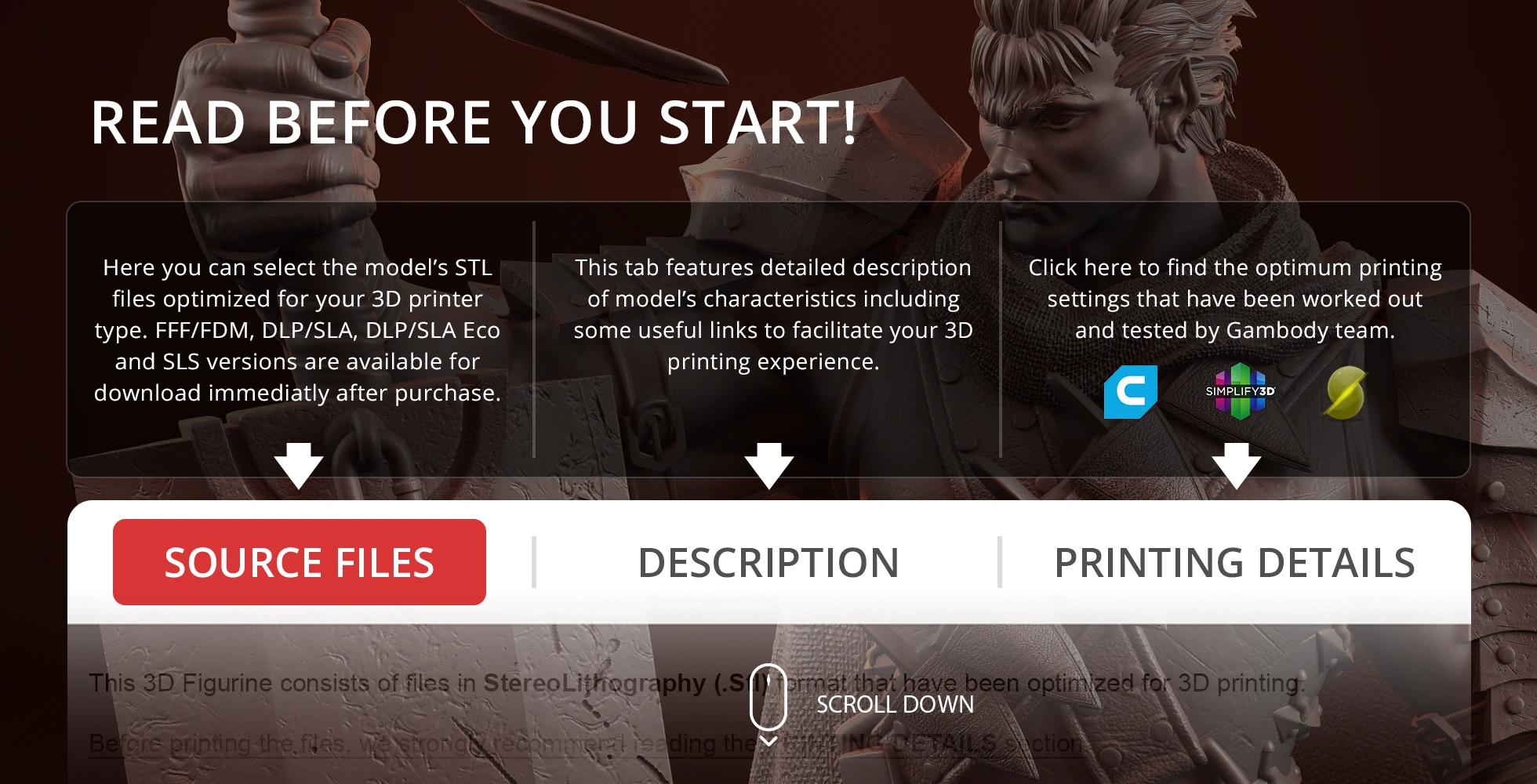 A warrior figure holding a large sword, with text providing 3D printing file details and instructions.