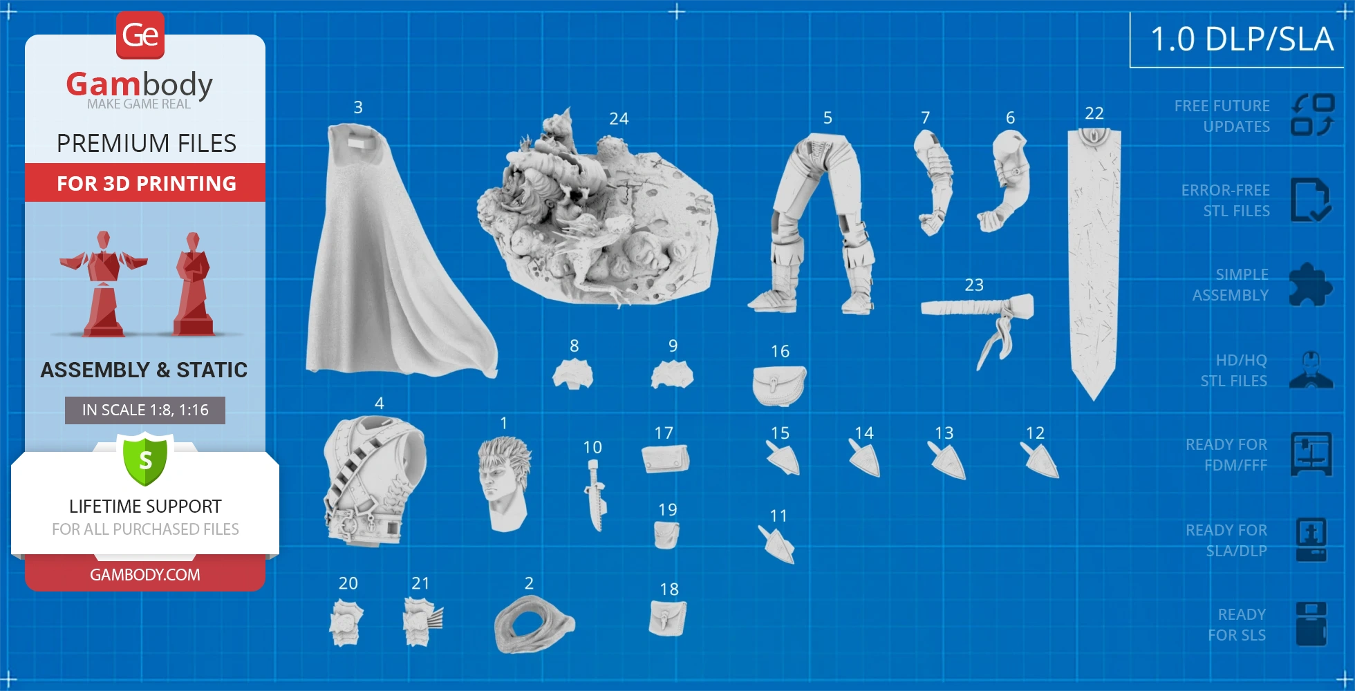 3D model parts for assembling Black Swordsman Guts, including cloak, weapon, armor, and base on a blueprint.