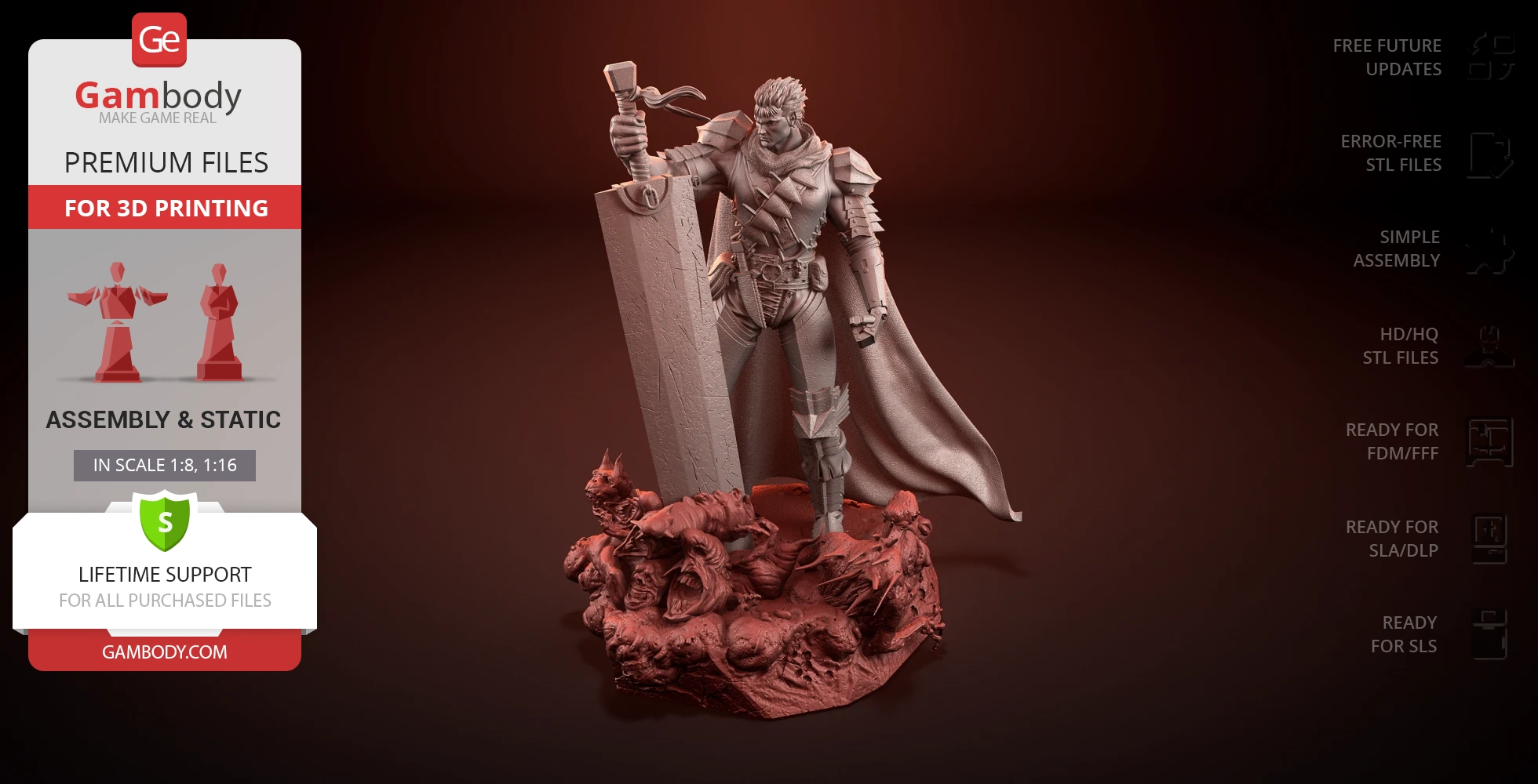 Warrior in armor with a massive sword, standing on grotesque, detailed base. Cloaked and fierce expression.