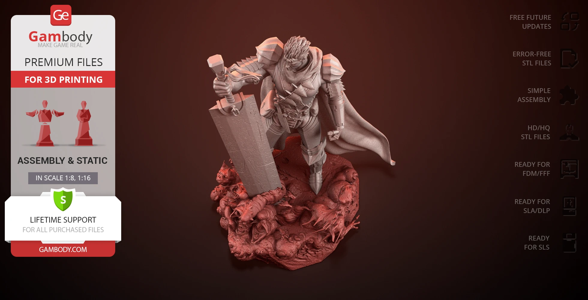 A detailed 3D model of a warrior with a large sword, standing on a base with monstrous creatures.
