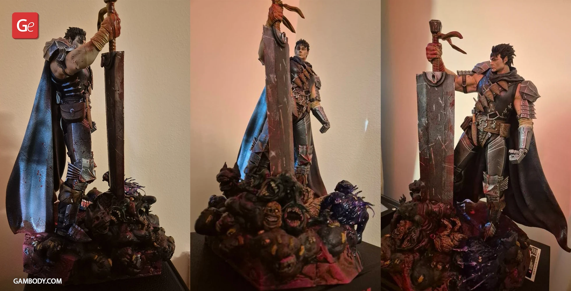 A 3D model of a warrior with a large sword, standing on a base of monsters, detailed and dramatic.