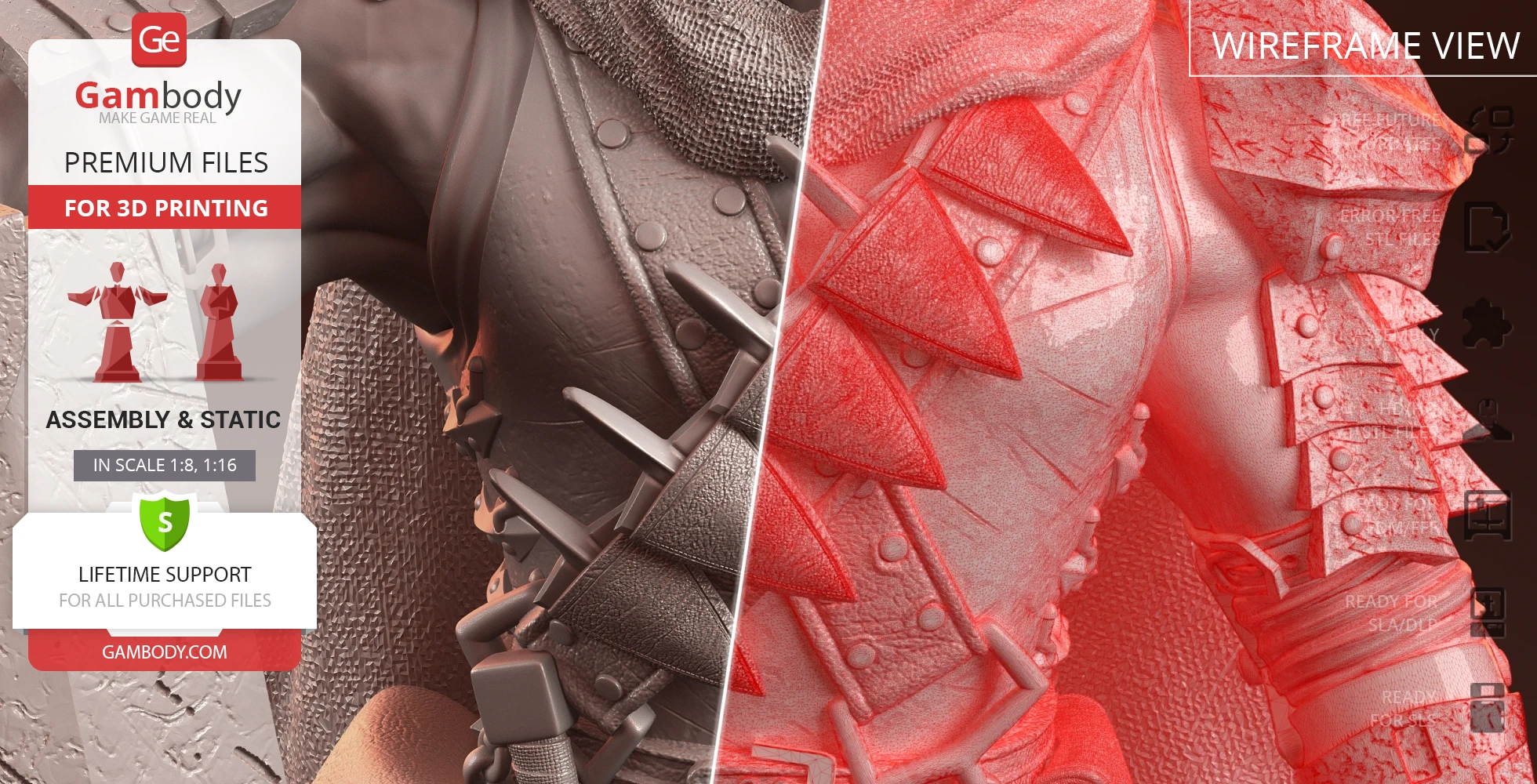Close-up of a detailed 3D model of Black Swordsman armor, shown in textured and wireframe views.