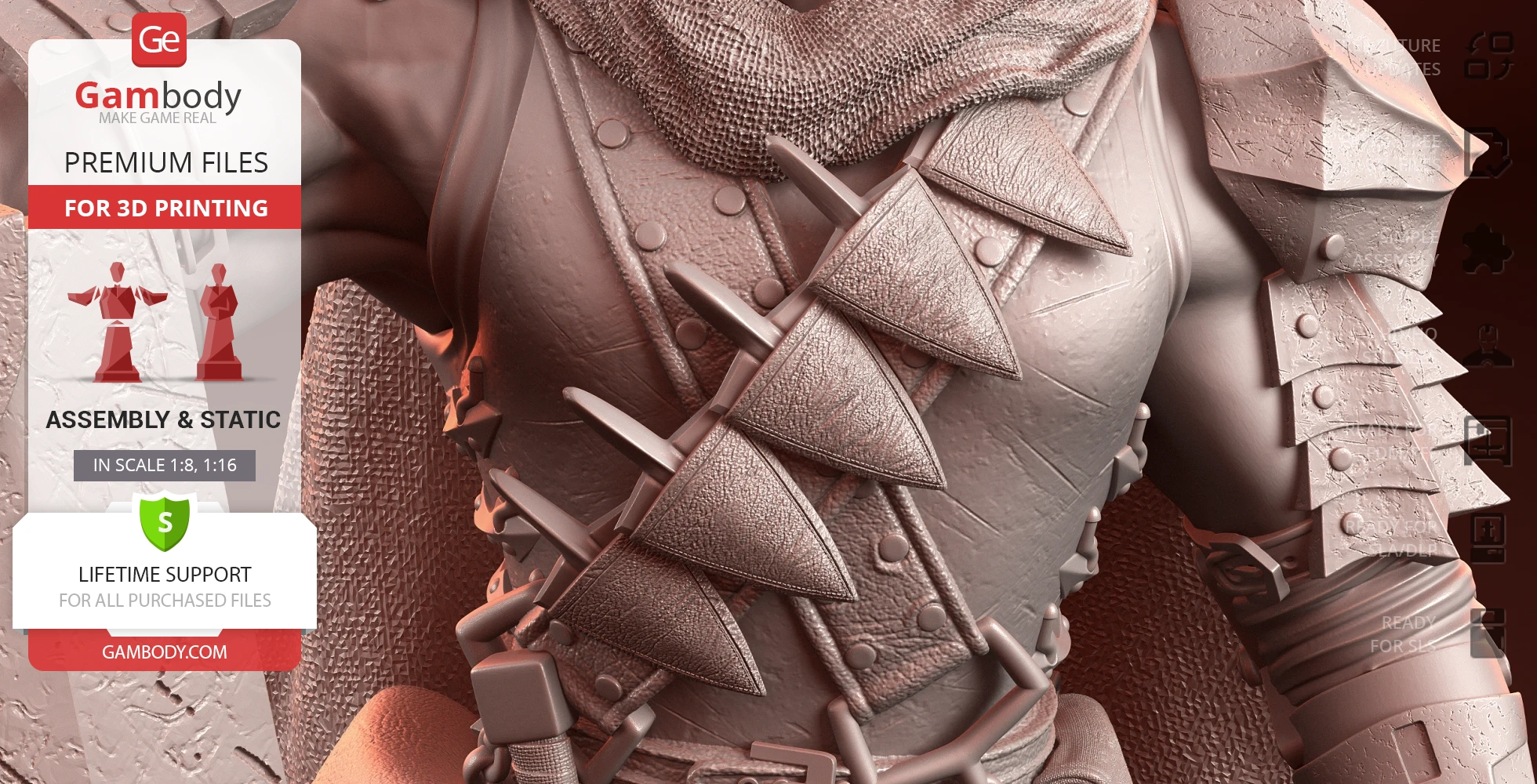 A detailed 3D model of a leather-armored character with a scarf and spikes on the chest.